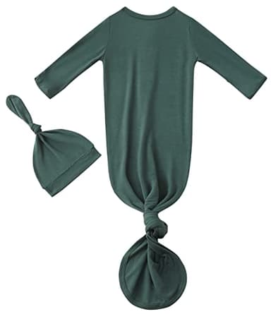 Newborn Baby Boys Girls Knotted Gown Hat Set Soft Viscose from Bamboo Infant Sleeper Baby Sleep Gown with Mittens (Deep Green, 0-3 Months) - Image 2