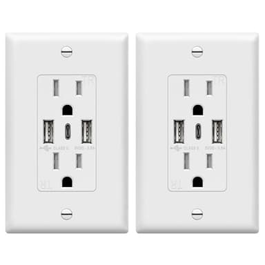 TOPGREENER USB Outlet, 3-Port Type C 3.6A 18W Wall Outlet, 15 Amp Receptacle, Charging Power Outlet with USB Ports, Compatible with iPhone 17 Series & More, UL Listed, TU21536AC3-2PCS, White, 2 Pack - Image 1