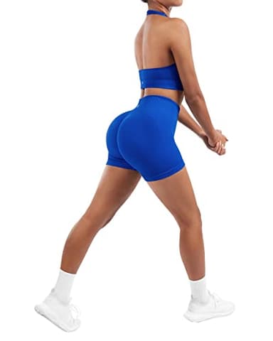 SUUKSESS Women Two Piece Seamless Ribbed Workout Sets Outfits Backless Halter Sports Bra Booty Biker Shorts (Royal Blue, M) - Image 7