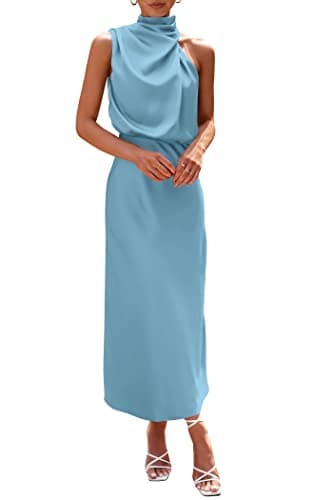 PRETTYGARDEN Women's 2025 Summer Satin Dress Elegant Sleeveless Mock Neck Cocktail Party Maxi Dresses (Light Blue,Large) - Image 1
