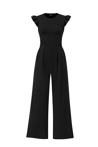 PRETTYGARDEN Summer Jumpsuits for Women Dressy 2025 Fashion Ruffle Cap Sleeve Romper Crew Neck Rib Knit One Piece Outfits (Black,Small) - Image 1