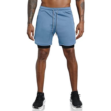 Leidowei Men's 2 in 1 Running Shorts Gym Workout Quick Dry Men Shorts with Phone Pocket (Light Blue, S) - Image 2