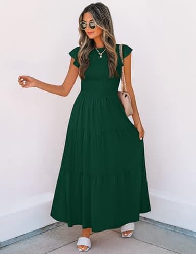 ZESICA Women's 2025 Summer Casual Flutter Short Sleeve Crew Neck Smocked Elastic Waist Tiered Midi Dress,Dark Green,Small - Image 5