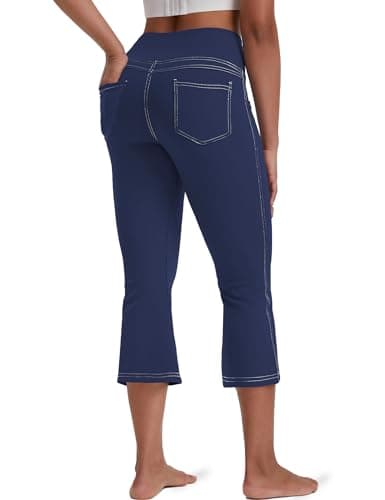 VOOVEEYA Women's Bootcut Leggings - Bootleg Yoga Pants Flare with 4 Pockets,Tummy Control High Waisted Casual Dress Pants（Capri Bootcut-Navy Blue-M） - Image 1
