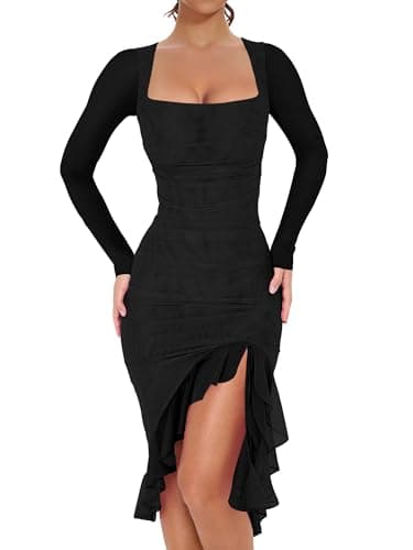 BORIFLORS Women's Sexy Ruched Bodycon Midi Dresses Elegant Mesh Long Sleeve Square Neck Ruffle Hem Cocktail Party Dress, Small, Black - Image 1