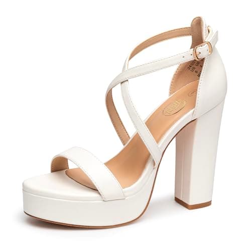 Trary Women's White Strappy Platform Chunky High Heels Sandals Fashion Comfortable Open Toe Heels for Women Dress Wedding Party Shoes - Image 1