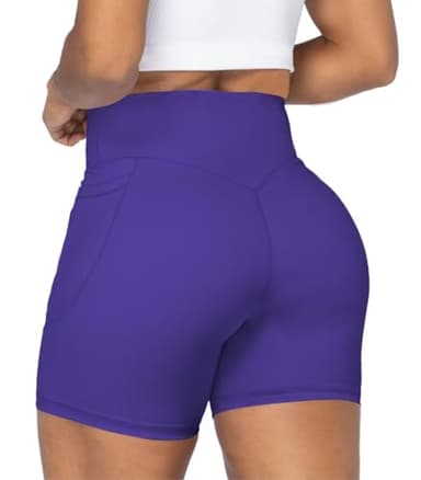 Sunzel Women's No Front Seam Biker Shorts with Pockets, High Waist Tummy Control Yoga Workout Gym Bike Shorts 5" Inseam Navy Blue Medium - Image 2