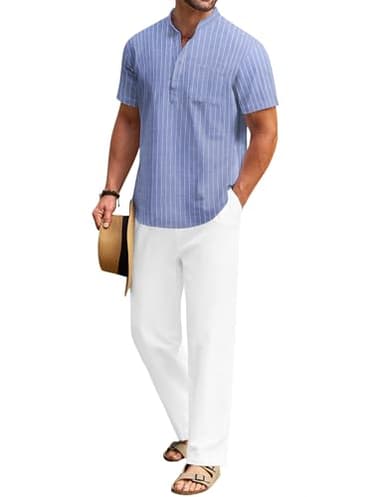 COOFANDY Men's 2 Pieces Cotton Linen Set Henley Shirts Short Sleeve And Casual Beach Pants With Pockets Summer Yoga Outfits - Image 1