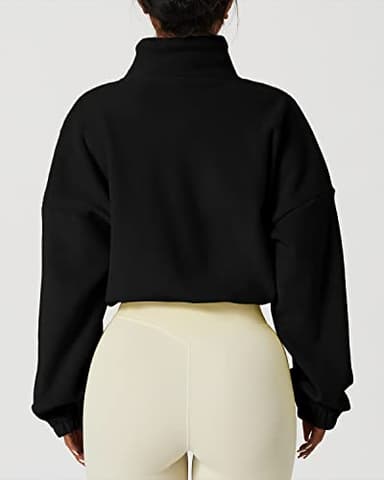 QINSEN Women's Full Zip Fleece Short Jacket Warm Winter Long Sleeve Stand Collar Sherpa Crop Coat Black S - Image 3