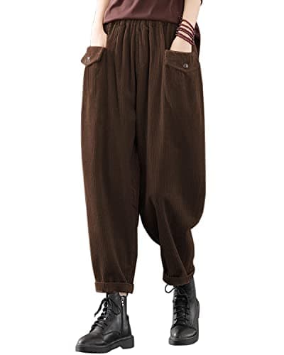 IXIMO Women's Cropped Corduroy Pants Casual Comfy Elastic Waist Cotton Trouser Front Pockets Brown XL - Image 1