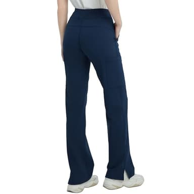 QBK High Rise Yoga Scrub Pants Women - Straight Wide Leg Uniform Pants with Cargo Pocket, Anti-Wrinkle & Knit Yoga Waistband (Regular, Navy, M) - Image 2