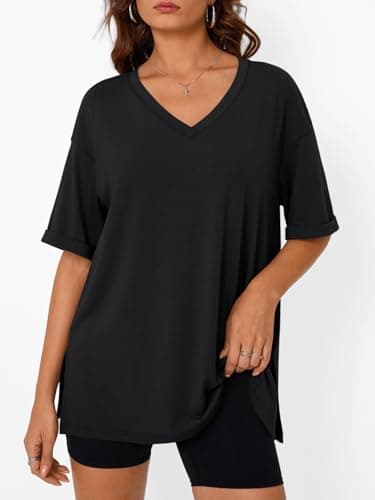 Trendy Queen Oversized Tshirts for Women Workout Plus Size Tops V Neck Short Sleeve Tunic Side Slit Outing T Shirts 2025 Spring Summer Casual Clothes Loose Fit Basic Tees Beach Vacation Black XL - Image 2