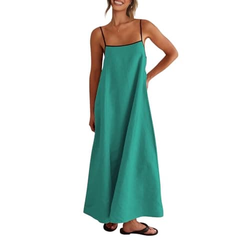 Shy Velvet Women's 2025 Summer Linen Maxi Dress Contrast Spaghetti Strap Dress Backless Sleeveless Casual Party Beach Dresses Turquoise - Image 1