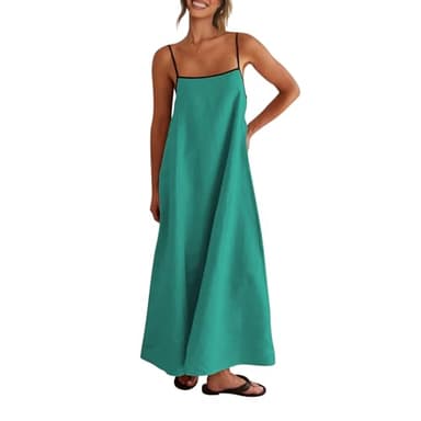 Shy Velvet Women's 2025 Summer Linen Maxi Dress Contrast Spaghetti Strap Dress Backless Sleeveless Casual Party Beach Dresses Turquoise - Image 1