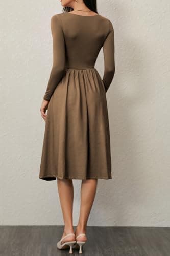CHYRII Womens Spring Fashion 2025 Square Neck Long Sleeve Casual A-Line Midi Dress Brown XL - Image 7
