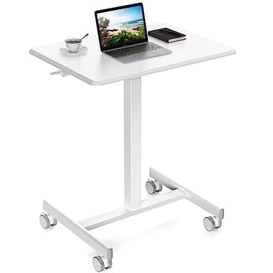 Sweetcrispy Small Mobile Standing Desk, Rolling Laptop Computer Carts, Portable Laptop Desk with Wheels, Adjustable Height Table for Home Office, White - Image 1