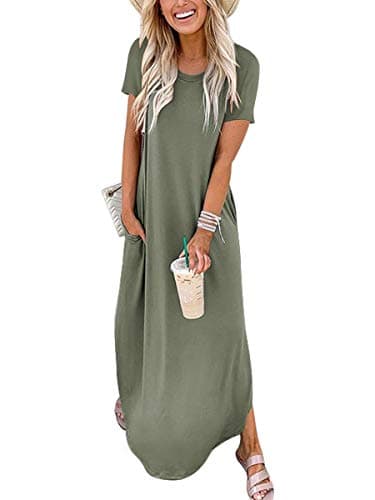 ANRABESS Womens Summer Maxi Dress Short Sleeve Casual Loose Long T Shirt Dresses Split Vacation Beach Sundress Travel Outfits Olive Medium - Image 1