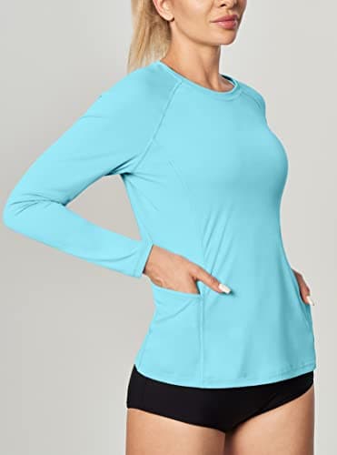 IUGA Rash Guard for Women UPF 50+ SPF UV Protection Long Sleeve Workout Tops with Pockets Dry Fit Hiking Swim Shirt Light Blue - Image 5