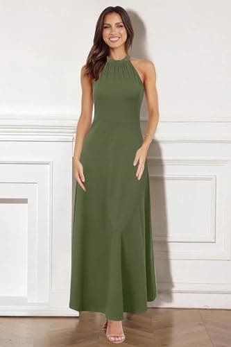 STYLEWORD Women's Summer Halter Neck Long Formal Dress Sexy Sleeveless Cocktail Evening Party Wedding Guest Maxi Dresses(Army Green,L) - Image 4