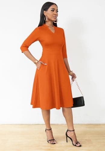 Nmoder Casual Dresses for Women Semi Formal Fit and Flare 3/4 Sleeve A-line Church Work Dress with Pockets Orange L - Image 2