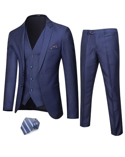 YND Men's 3 Piece Suit Set with Tie, 2 Button Slim Fit Solid Blazer Jacket Vest Pants, Business Wedding Party Suits for Men, Deep Blue - Black Plaid - Image 1