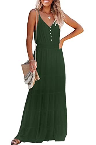 PRETTYGARDEN Women's Casual Summer Dress Spaghetti Strap Sleeveless High Waist Beach Long Maxi Sun Dresses (Dark Green,Large) - Image 1