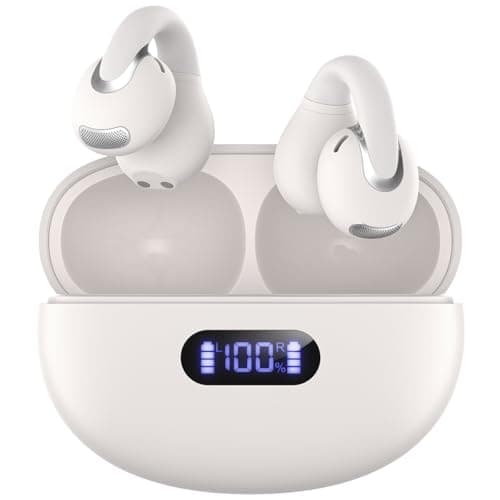 Jzones Open Ear Clip Wireless Earbuds Bluetooth 5.4, Lightweight Comfort Sports Bone Conduction Headphones Built-in Mic for Clear Audio, Stable Fit Earphones 24H Play-Beige - Image 1