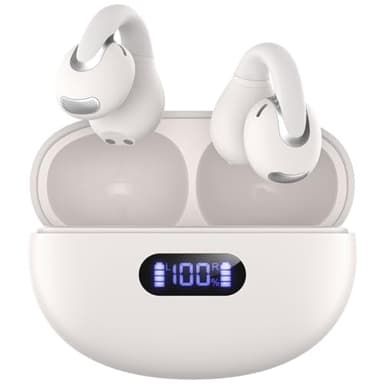 Jzones Open Ear Clip Wireless Earbuds Bluetooth 5.4, Lightweight Comfort Sports Bone Conduction Headphones Built-in Mic for Clear Audio, Stable Fit Earphones 24H Play-Beige - Image 1
