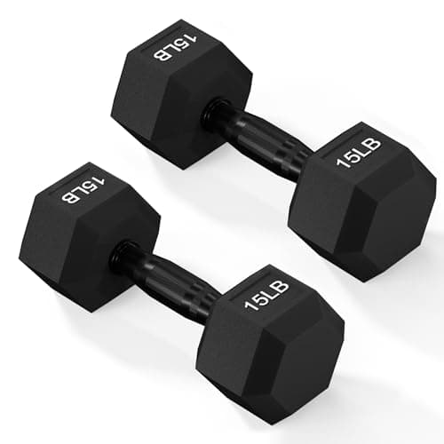 Fitvids Rubber Encased Exercise & Fitness Hex Dumbbell, Hand Weights with Anti-Slip Metal Handle for Home Gym, Multiple Sizes, 15LB Pair - Image 1