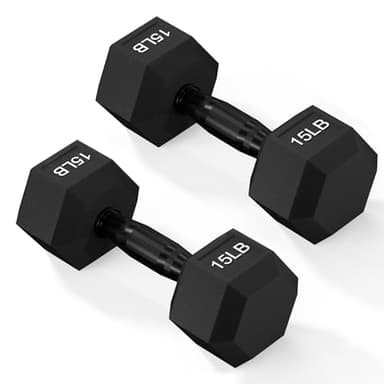 Fitvids Rubber Encased Exercise & Fitness Hex Dumbbell, Hand Weights with Anti-Slip Metal Handle for Home Gym, Multiple Sizes, 15LB Pair - Image 1