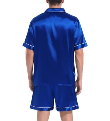 Guriyzee Couple Pajamas Set Men Satin Short Sleeve Sleepwear 2 Pcs Button Down Pjs Loungewear Navy Blue Large - Image 5