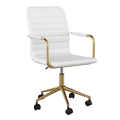 Martha Stewart Taytum Swivel Task Chair with Armrests for Home Office in White Faux Leather with Polished Brass Frame - Image 1