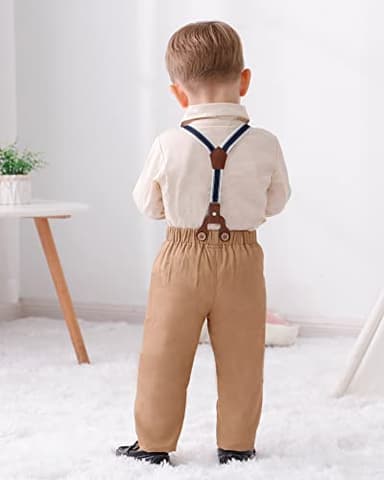DISAUR Toddler Boy Dress Clothes Apricot Brown Long Sleeve Dress Shirt Bow Tie Suspender Pants Toddler Outfits For Boys 18 Months 2t 24 Months - Image 4