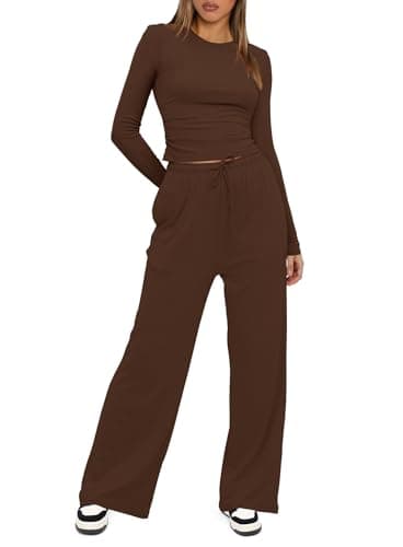 Darong Women's 2 Piece Outfits Lounge Sets Ruched Long Sleeve Tops and Wide Leg Pants Tracksuit Sets 9065B Coffee XS - Image 3