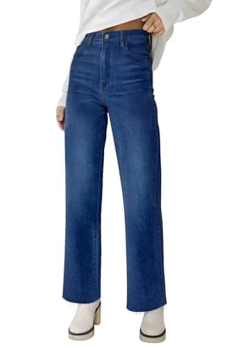 KDF Straight Leg Jeans for Women High Waisted Jeans Frayed Baggy Pants Raw Hem Loose Stretchy Cropped Wide Leg Jeans Dark Blue Size 14 - Image 1