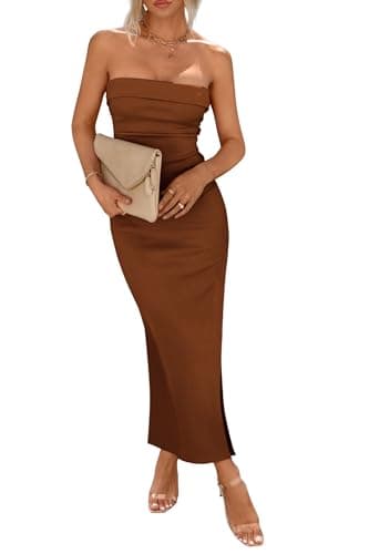PRETTYGARDEN Women's Summer Bodycon Maxi Tube Dress Ribbed Strapless Side Slit Long Going Out Casual Elegant Party Dresses (Brown,Medium) - Image 1