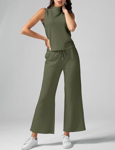 Casly Lamiit Lounge Sets for Women Spring Summer Sleeveless Mock Neck Top Cropped Pants Mathcing Set Airport Outfits Tracksuit 2025 Athleisure Clothes Sweat Suit Army Green Petite XS - Image 2