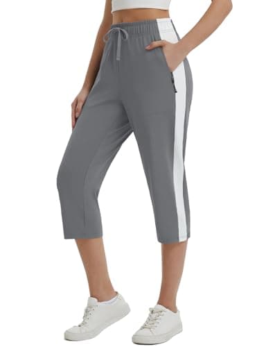 baleaf Womens Yoga Capri Pants with Zipper Pockets Summer Drawstring Capris Joggers Lounge Crop 19" Grey M - Image 1