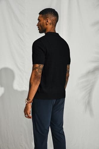 PJ PAUL JONES Mens Knit Polo Shirt Casual Short Sleeve Knit Polo Lightweight Textured Knitted Polo Black - Image 2