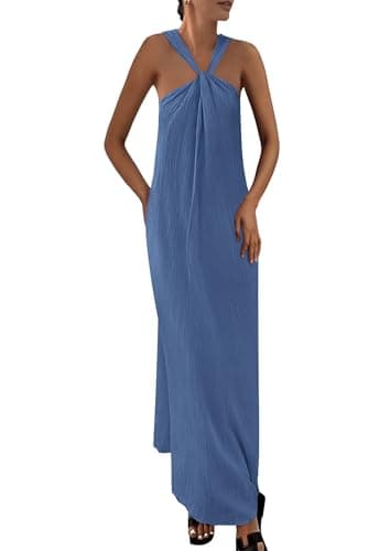 PRETTYGARDEN Womens 2025 Casual Long Summer Dresses Sleeveless Strappy Loose Flowy Beach Vacation Maxi Dress with Pockets (Grey Blue,X-Large) - Image 1