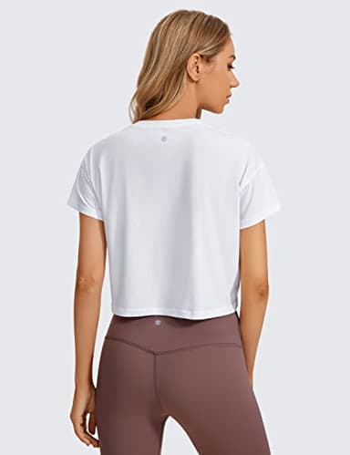 CRZ YOGA Women's Pima Cotton Workout Short Sleeve Shirts Loose Athletic Crop Tops Gym Casual Cropped T-Shirt White Medium - Image 2