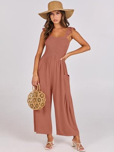 ANRABESS Women Summer Casual Dressy Sleeveless Smocked Wide Leg Linen Jumpsuits Rompers 2025 Trendy Travel Outfit Pocket Rust Medium - Image 2
