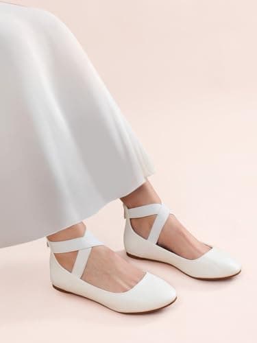 DREAM PAIRS Women's Comfortable Fashion Elastic Ankle Straps Flats Shoes,Size 8,White/Pu,Sole_Stretchy - Image 6