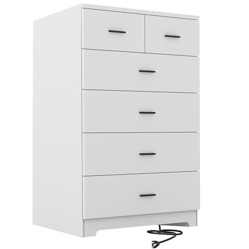 FJTJBSI Dresser with Power Outlets Wooden 6 Drawer Dresser with Large Organizer White Tall Storage Organizer with Smooth Metal Rail Modern Chest of Drawers Closet for Bedroom Hallway - Image 1