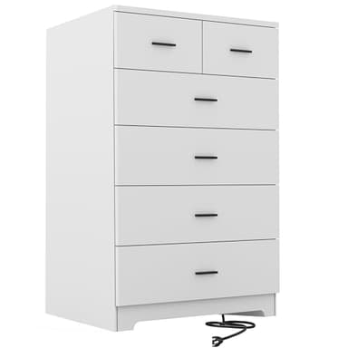 FJTJBSI Dresser with Power Outlets Wooden 6 Drawer Dresser with Large Organizer White Tall Storage Organizer with Smooth Metal Rail Modern Chest of Drawers Closet for Bedroom Hallway - Image 1