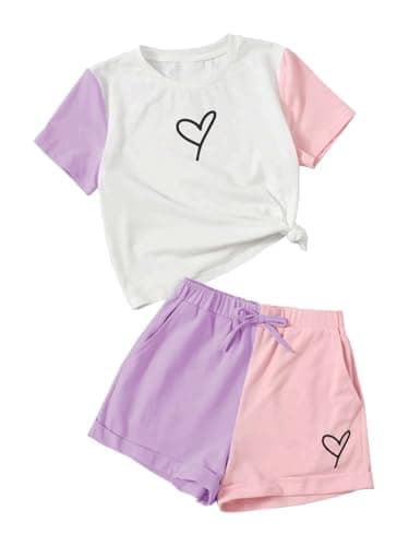 Kids Toddler Girl Clothes Outfits Color Clash Short Sleeve Heart Print Tops Summer Shorts Set(8-9t) - Image 1
