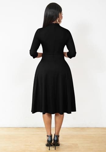 Nmoder Casual Dresses for Women Semi Formal Fit and Flare 3/4 Sleeve A-line Church Work Dress with Pockets Black L - Image 4