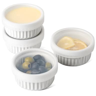 LE TAUCI Ramekins with Silicone Lids, 4 OZ Ceramic Soufflé Dishes, Ramekin Bowls for Crème Brûlée, Dessert, Dips, Oven & Microwave Safe, Set of 4, White - Image 1