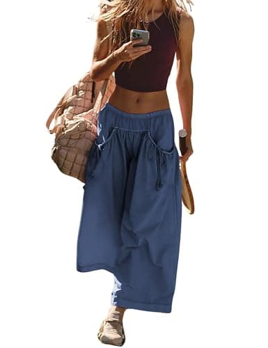 Hooever Women's Loose Wide Leg Track Pants Drawstring Pockets Elastic Waist Capri Hiking Pants(NavyBlue-XL) - Image 1