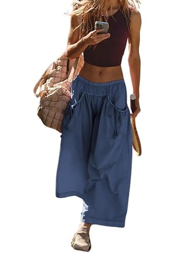 Hooever Women's Loose Wide Leg Track Pants Drawstring Pockets Elastic Waist Capri Hiking Pants(NavyBlue-XL) - Image 1